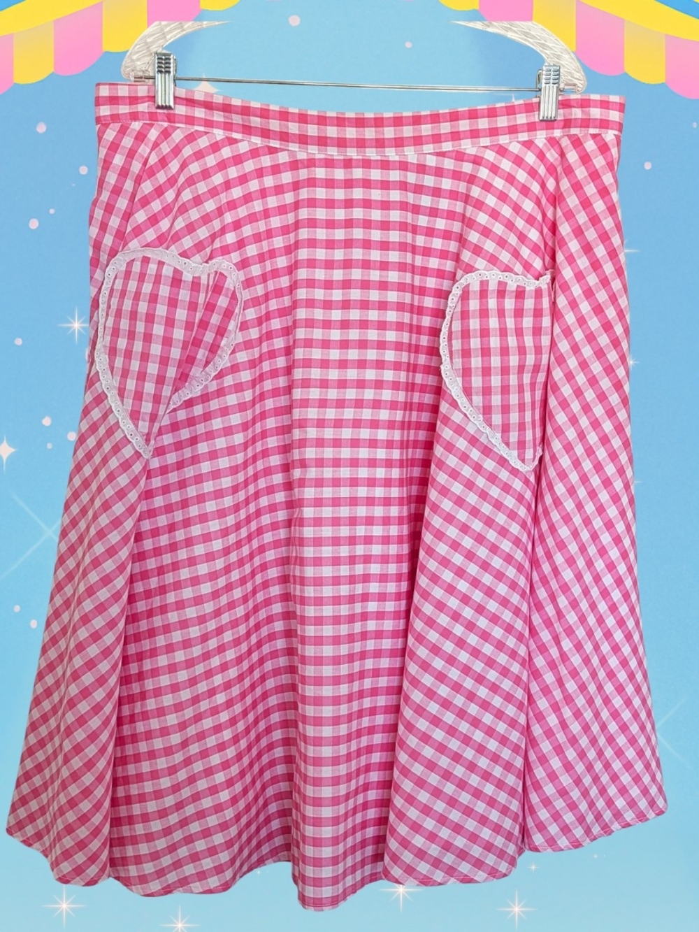 Unique Vintage Pink Gingham Sally Swing Skirt Heart Pockets